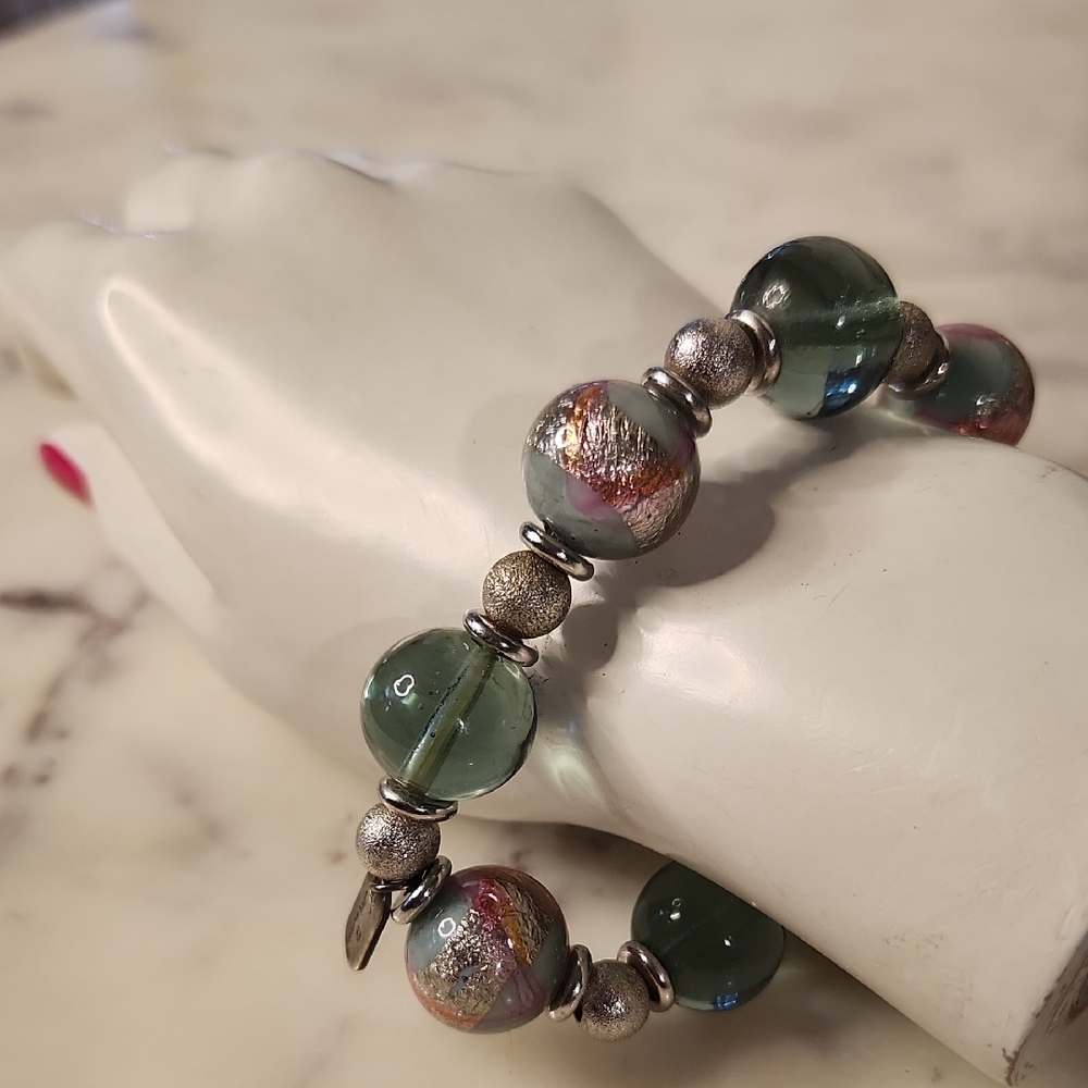 Hilary London | Silver, Green,Pink Foil Beaded Strong Stretch Bracelet